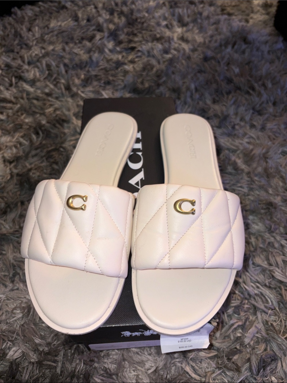 Coach Quilted Slide Sandals in Chalk with Gold Accents